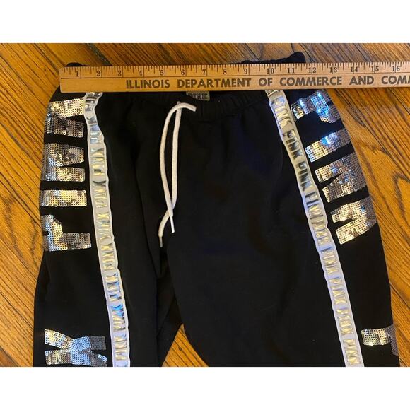 Victoria’s Secret PINK Black Silver Sequin Bling Logo Classic Sweatpants Size S - Picture 7 of 10